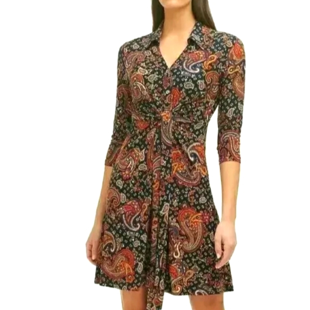 Tommy Hilfiger Women's Long Sleeve Paisley Button Down Belted Shirt Dress Size 2